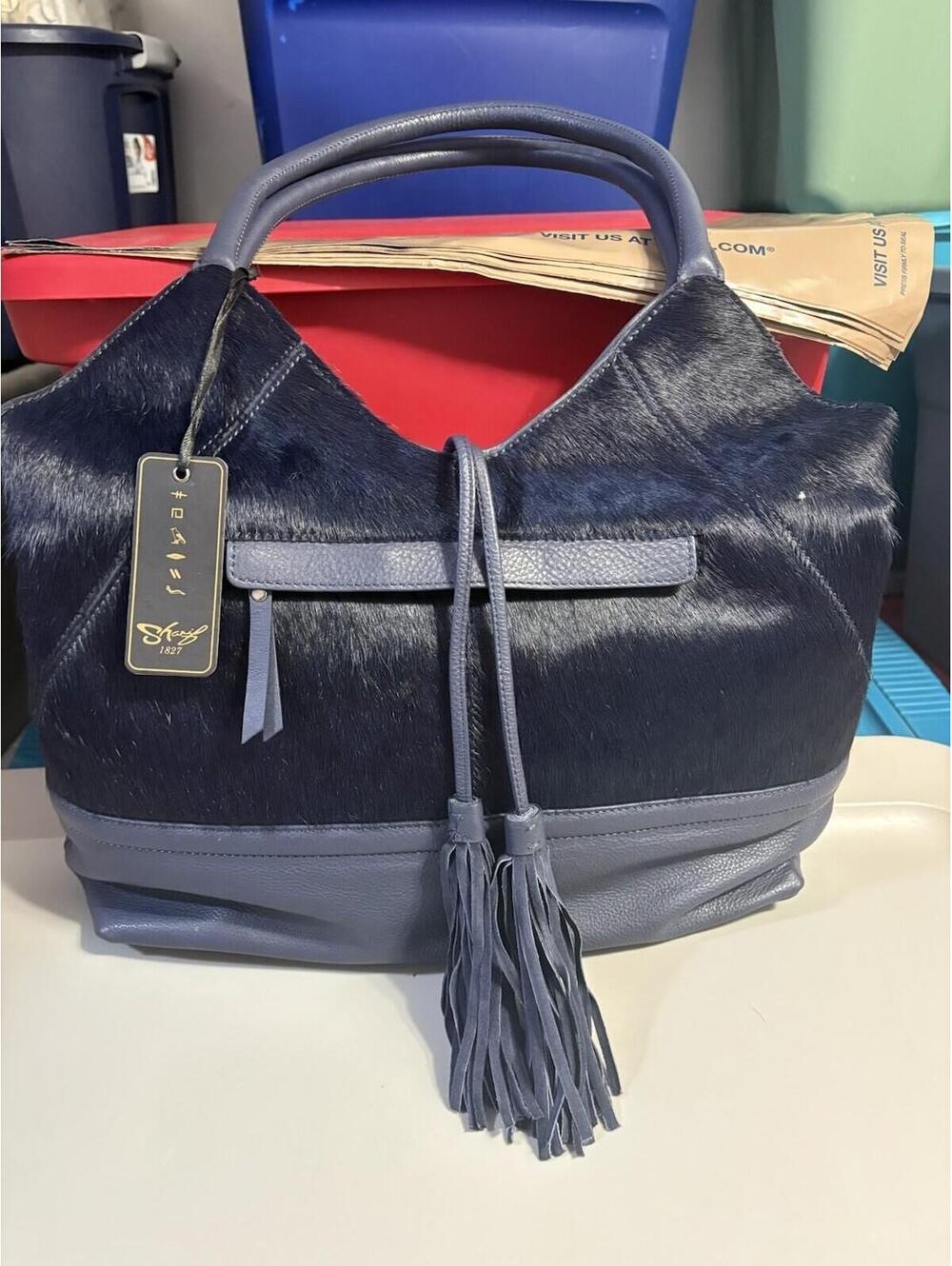 $229 SHARIF Navy Blue CALF HAIR‎ TRIM LEATHER New With Tags Large Bag